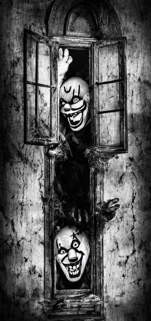 Image similar to apocalipse haunted house with a clown smiling at the window, black and white, darkness, 4 k