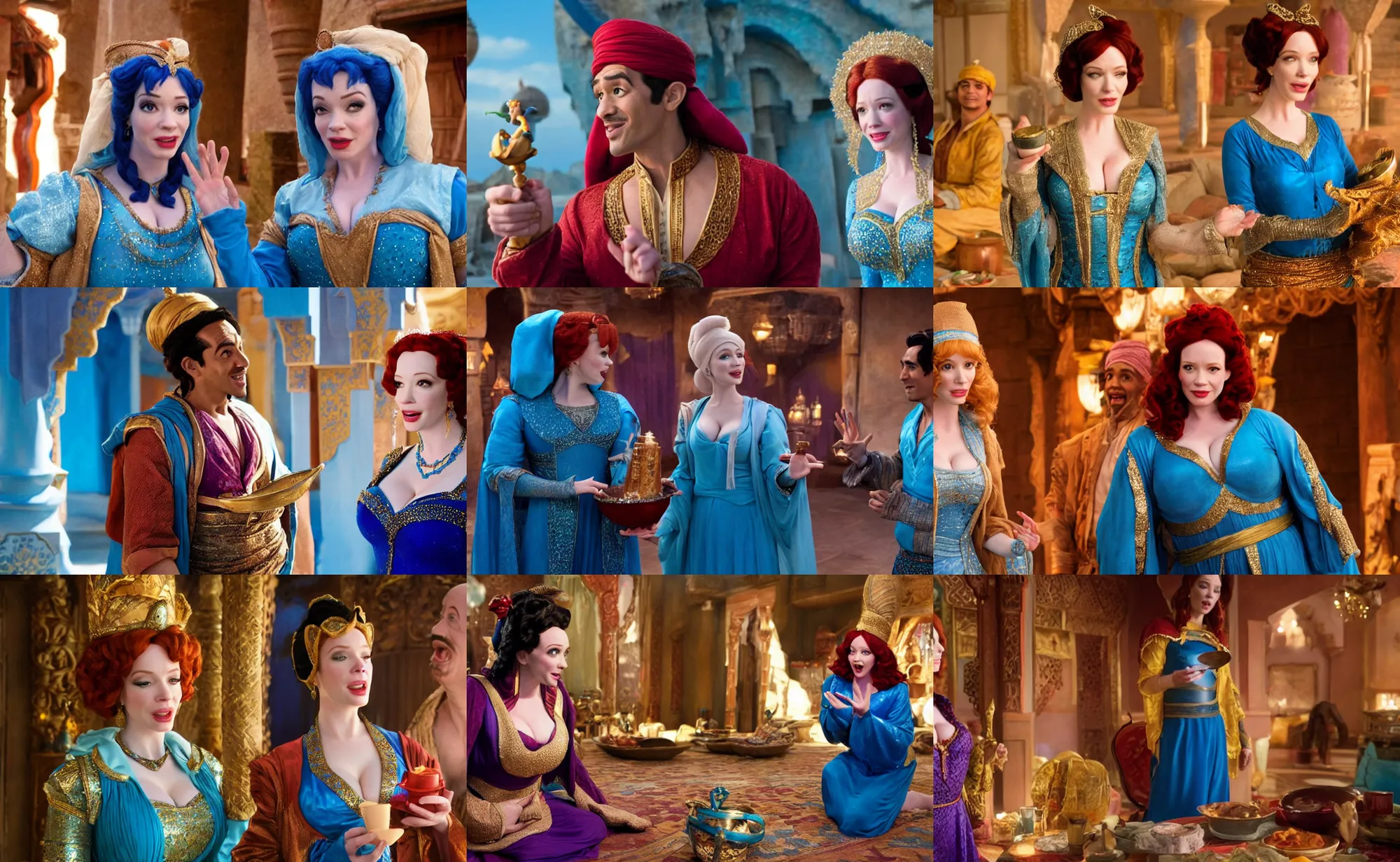 Prompt: movie still of shocked surprised christina hendricks with cosplaying as aladdin from the aladdin, disney movie directed by ron clements, john musker