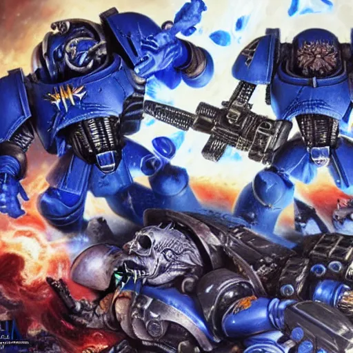 Image similar to Hyper-realistic Warhammer 40k ultramarine fighting against the forces of chaos