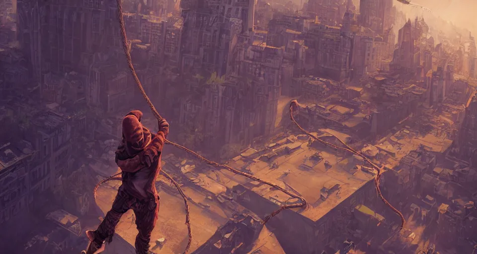 Image similar to an epic fantasy comic book style landscape painting of a hooded thief using a rope to climb a tall building with a fantasy city, unreal 5, daz, hyperrealistic, octane render, dynamic lighting