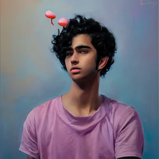 Image similar to oil painting by ilya kuvshinov,, baugh casey, rhads, coby whitmore, of a youthful persian - indian college student, male, curly black hair, holding lolipop, outdoors, highly detailed, breathtaking face, studio photography, dawn, intense subsurface scattering, blush, supple look, innocence, intense sunlight