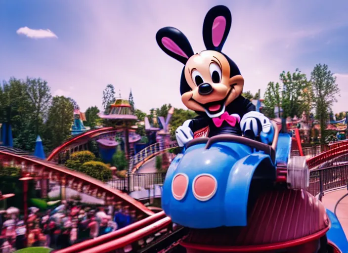 Image similar to film still of a bunny riding a roller coaster in disneyland paris, 8 k