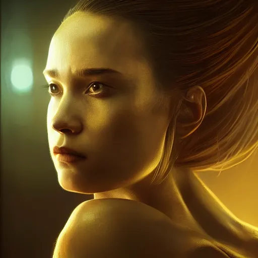 Image similar to Riveting female android human hybrid portrait, atmospheric lighting, painted, intricate, volumetric lighting, beautiful, golden hour, sharp focus, ultra detailed, by Leesha Hannigan, Ross Tran, Thierry Doizon, Kai Carpenter, Ignacio Fernández Ríos