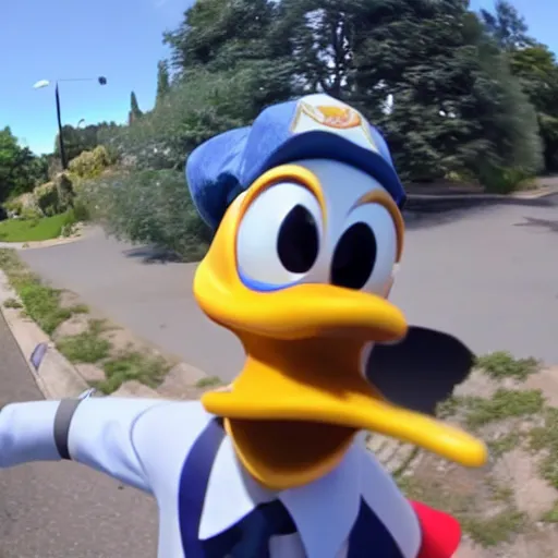 Image similar to Donald duck stealing a car, dash cam footage, wide angle lens