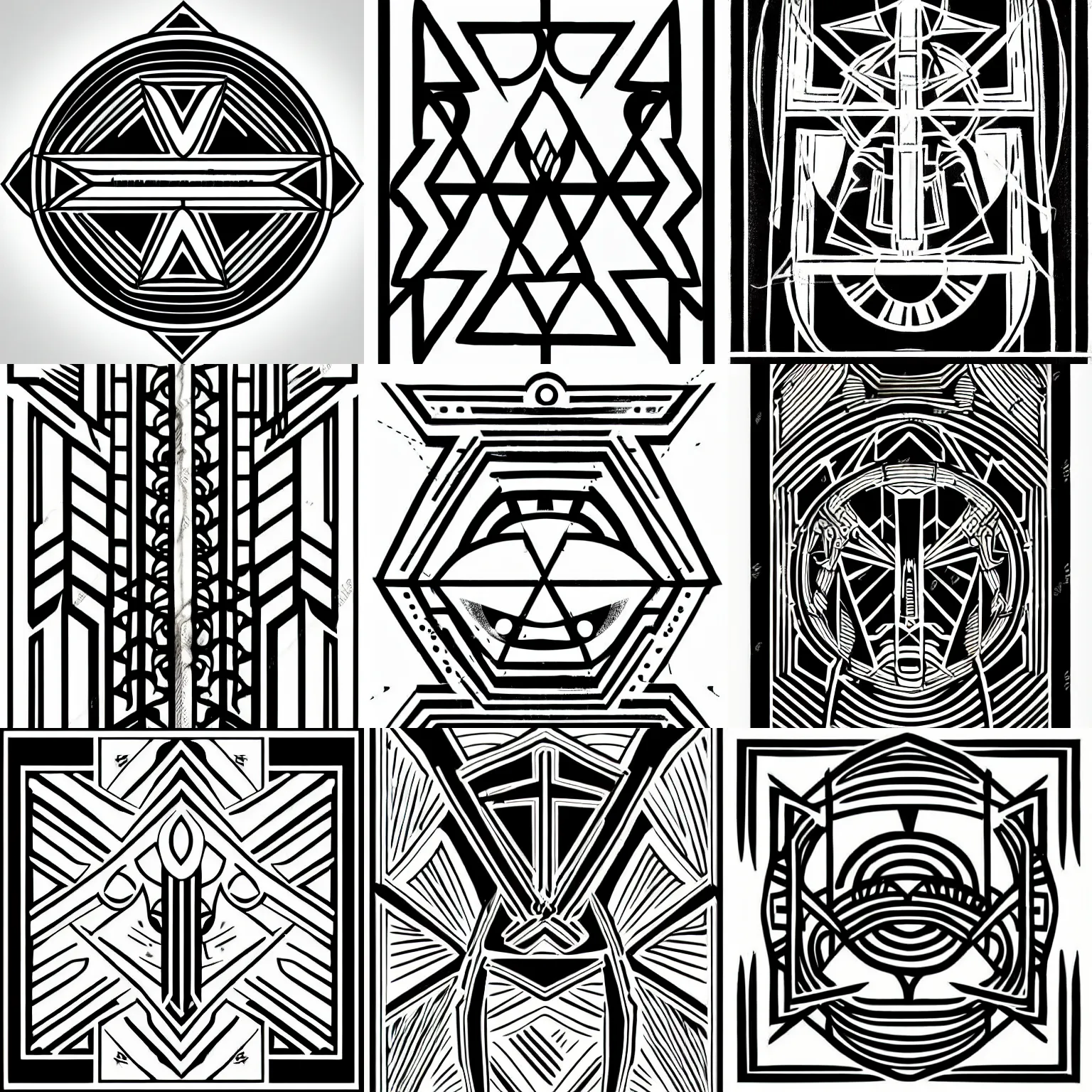 Prompt: black lineart symmetrical drawing modern style tarot digital art geometry,, expressive mark making consistent line width, Cybertron holy icon, halo for the saint of gladiators on a white background