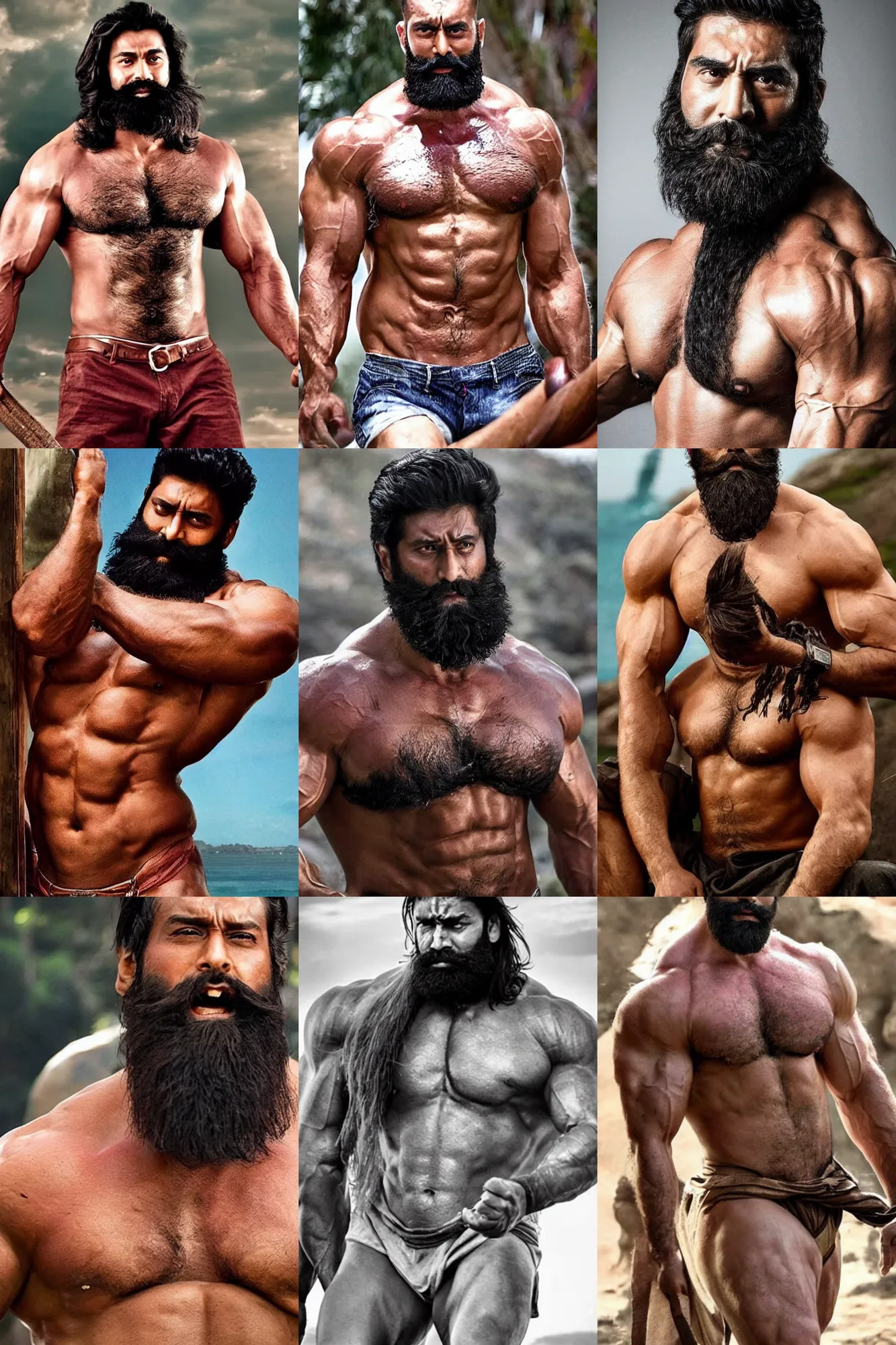 Prompt: The strongest man that ever lived. Huge muscles. Even bigger muscles. Bare chest. Glistening muscles. Fantastic, glorious beard. Beautiful face. Full body action movie still. Bollywood.