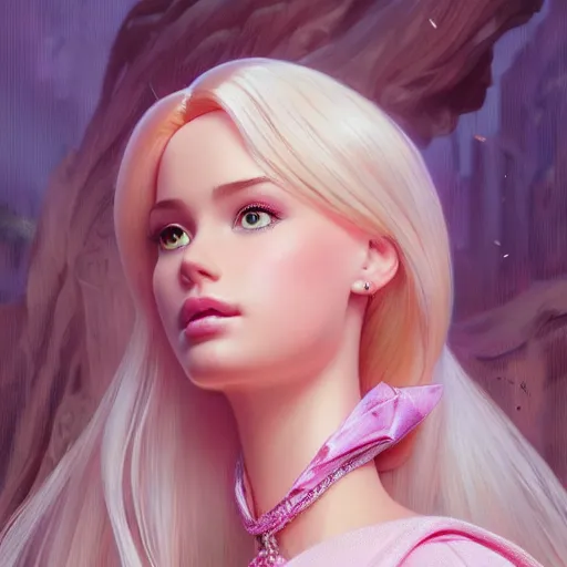 Image similar to a beautiful portrait of barbie ; crisp sharp focus ; ultra realistic, concept art, intricate details, stunning model, highly detailed, photorealistic, octane render, 8 k, unreal engine. art by artgerm and greg rutkowski and charlie bowater and magali villeneuve and alphonse mucha