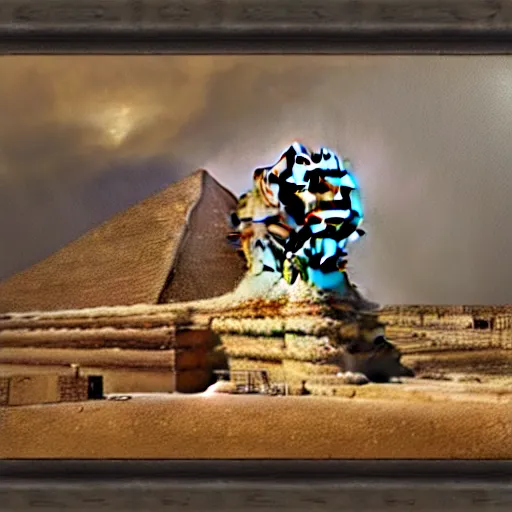 Prompt: an oil painting of the great sphinx of giza, with a human face a storm in the sky, sepia colors, impasto, wooden frame, 1 8 0 0's, sense of majestic epic wonder