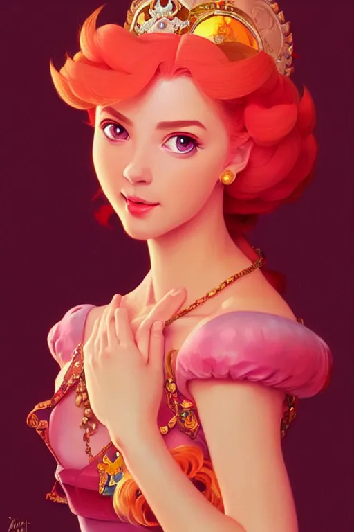 Prompt: a portrait of princess peach from mario bros., fantasy, sharp focus, intricate, elegant, digital painting, artstation, matte, highly detailed, concept art, illustration, ambient lighting, art by ilya kuvshinov, artgerm, alphonse mucha, and greg rutkowski