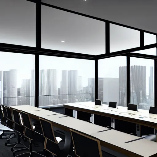 Prompt: brutalist corporate conference room interior design concept big windows minimalist furnitrue by martyn lawrence bullard design high quality ultra realistic 8 k