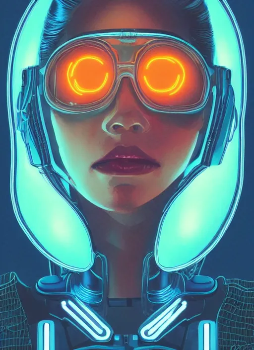 Image similar to portrait of a cyborg humanoid girl with mechanical and electronic element, denim jacket surrounded by neon light, illustrated by Artgerm and Michael Whelan and Laurie Greasley, highly detailed, trending on artstation