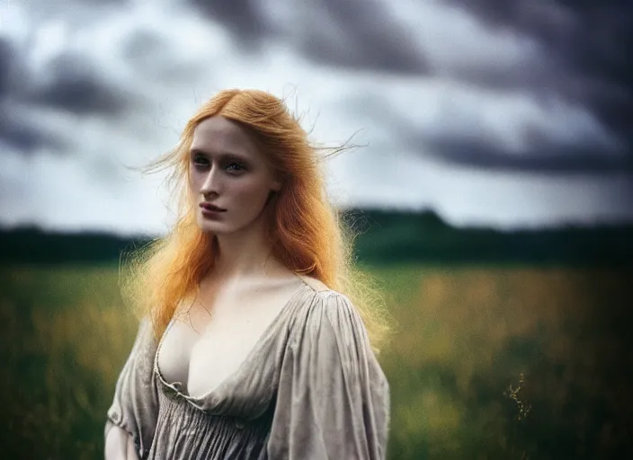 Prompt: cinestill 5 0 d photo of a pre - raphaelite blond beautiful woman, dreamy mood, fine art photography in style of gilles zimmermann, 1 5 0 mm, f 1. 2, emotionally evoking, head in focus, stormy clouds outdoor, matt mute colour background, volumetric lighting, hyper realistic, ultra detailed