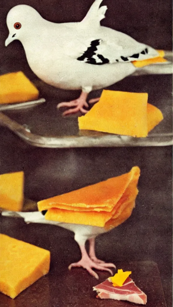 Prompt: 1 9 6 0 s food magazine photo of a pigeon made out of cheddar cheese and ham, soft focus