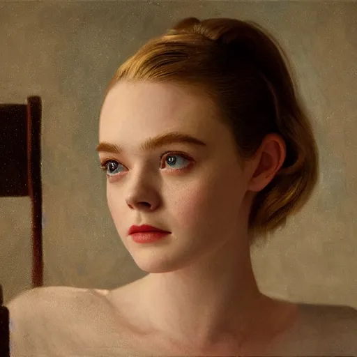 Prompt: Elle Fanning at a diner, head and shoulders portrait, stormy weather, extremely detailed masterpiece, Roger Deakin’s cinematography, oil on canvas, Johannes Vormeer,