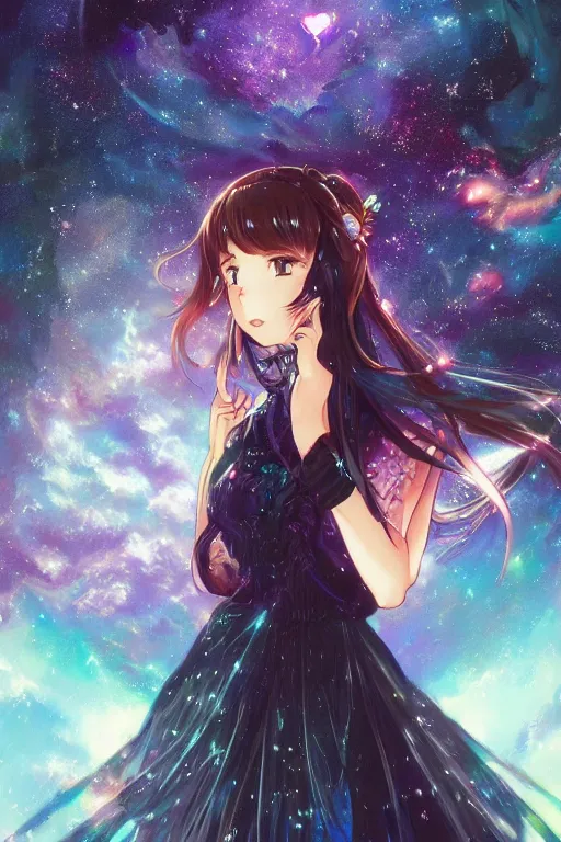 Image similar to anime key visual of a beautiful girl wearing a dress made of stars and nebulae, dramatic, volumetric lighting, planets in the background, intricate, magical forest, stunning, highly detailed, digital painting, artstation, smooth, hard focus, illustration, art by artgerm and greg rutkowski and alphonse mucha