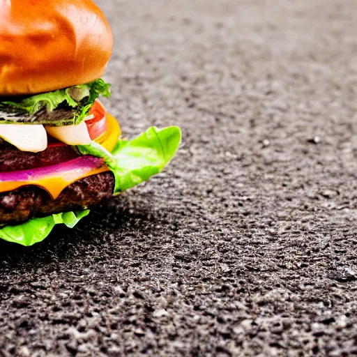 Prompt: an close - up photograph of burger get trampled by shoe, focus and detail, sharp, 4 k