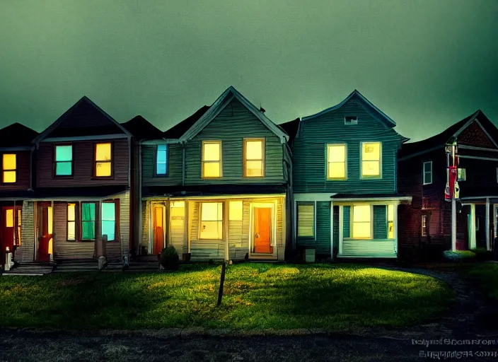 Prompt: small suburban houses in America at night by Edward Hopper, fantasy, moody lighting, dark mood, imagination, cinematic