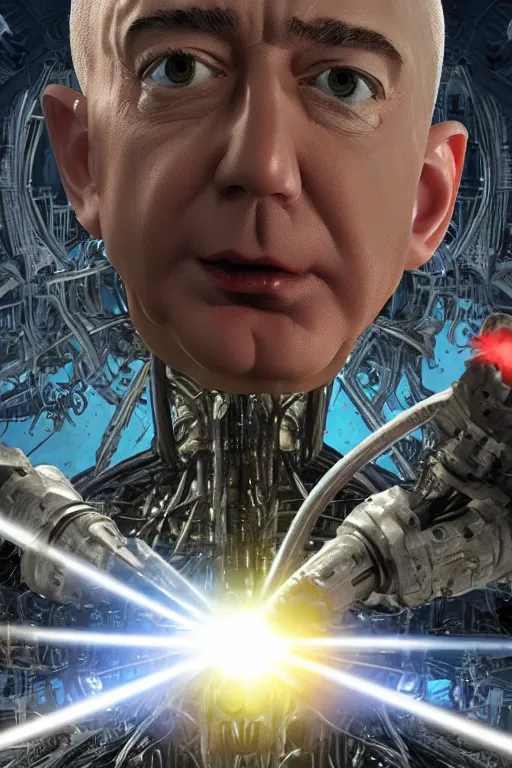 Image similar to jeff bezos as a filthy alien invader with a laser weapon, photorealistic, cinematic lighting, highly detailed, very intricate, by hr giger