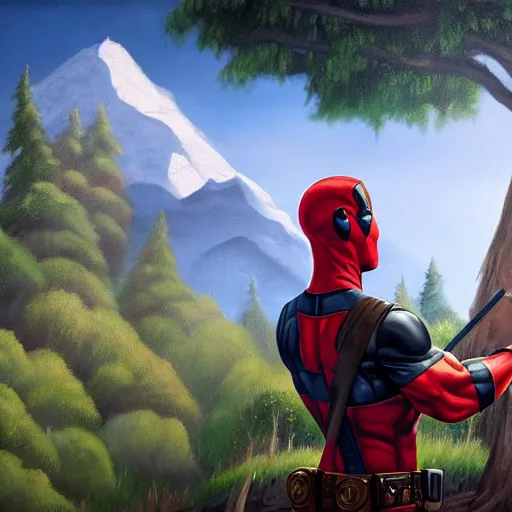 Image similar to a closeup photorealistic photograph of bob ross working on a canvas painting of deadpool. film still. brightly lit scene. mountains and trees. this 4 k hd image is trending on artstation, featured on behance, well - rendered, extra crisp, features intricate detail, epic composition and the style of unreal engine.