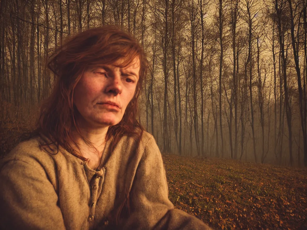 Image similar to close up portrait bust of woman sitting on fence, tired expression, faded color film, russian cinema, tarkovsky, technicolor, heavy forest, wood cabin in distance, shallow depth of field, long brown hair, old clothing, heavy fog, atmospheric haze, brown color palette, sunset, low light, hudson river school, 4 k, dramatic lighting