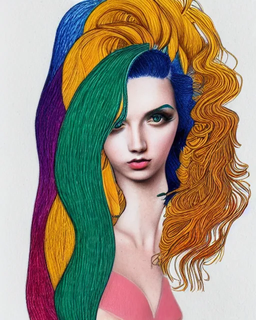 Image similar to a young woman with an extravagant hair style, colored pencil rendering graphic collage in the style of Erica Rose Levine