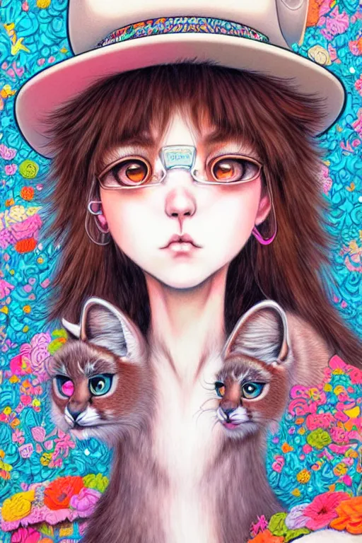 Image similar to cute fluffy caracal wearing cowboy hat, style of yoshii chie and hikari shimoda and martine johanna, highly detailed