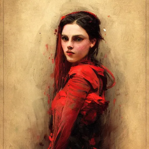 Prompt: Solomon Joseph Solomon and Richard Schmid and Jeremy Lipking victorian genre painting portrait painting of a young beautiful woman marverl DC comic book character fantasy costume, red background