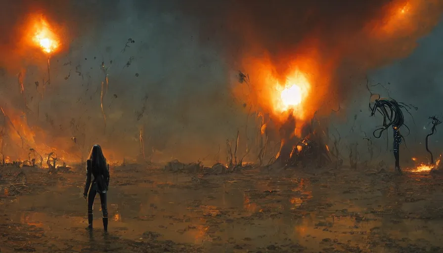 Image similar to woman with black hair and leather jacket walking away from explosion, lovecraftian hellscape, golden tenticles, soldiers and mech fight, simon stalenhag, 4 k, ultra detailed, explosions and smoke