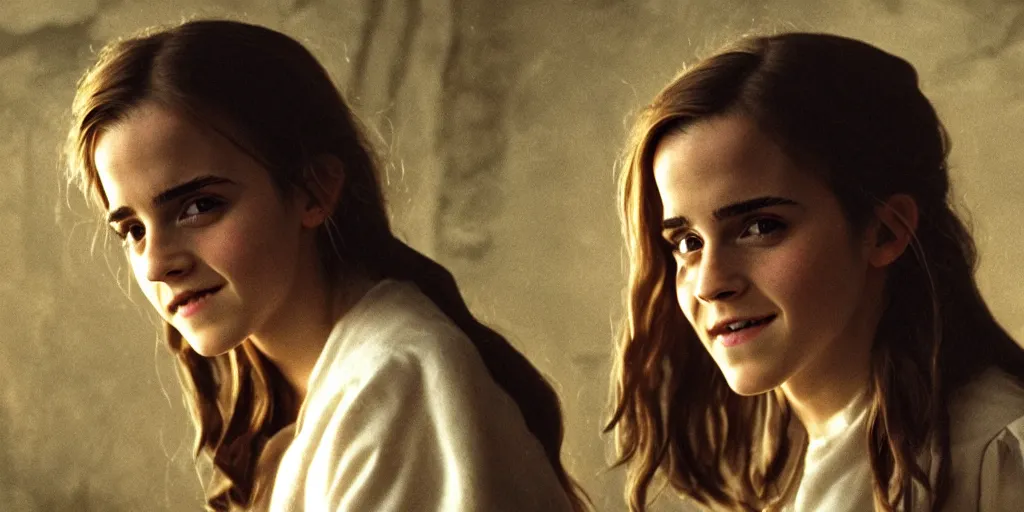 Prompt: Film still of Emma Watson as Hermione Granger. Smiling. Happy. Cheerful. Silhouette. Shadowed. Halo. Ring of light. Film grain. Cinematic lighting. 35mm lens. Backlit. Angelic. Beautiful. William Adolphe Bouguereau. Henriette Browne.