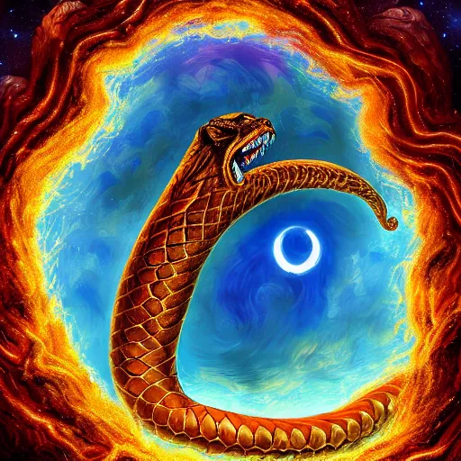 Prompt: the demiurge, a giant snake with the head of a lion, floating in space looking down on the earth beneath it, in flames. detailed digital art