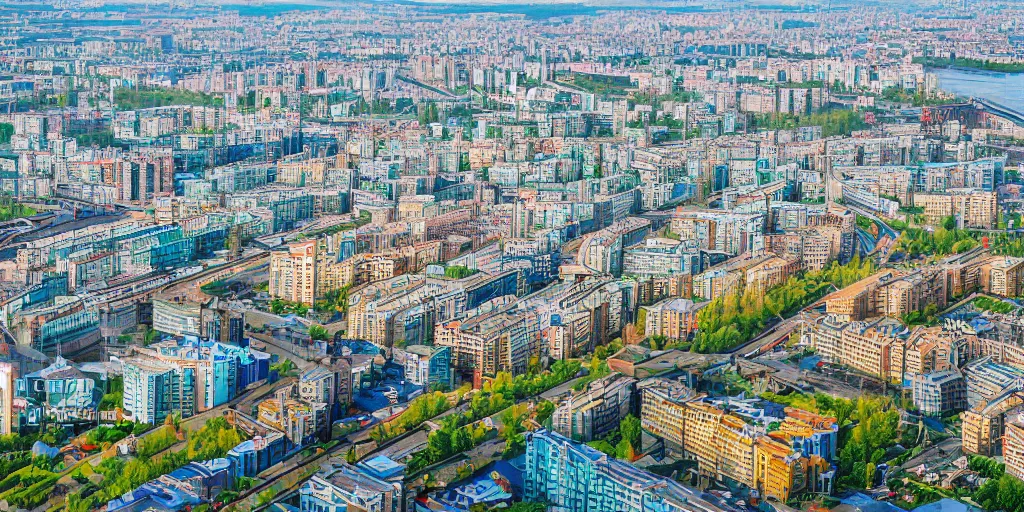 Image similar to bird's eye view photograph of a highrise Russian city, apartments, train station, pond, wide roads, no watermarks, extremely detailed photography