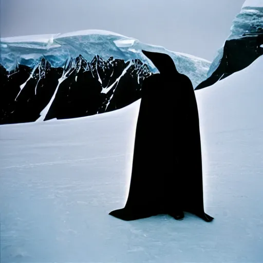 Prompt: a man wearing a long cloak and hood, in antarctica, film still, arriflex 3 5