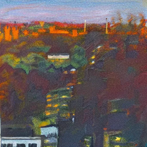 Image similar to pittsburgh, distant, sunset, trees, looking down, art by drew tucker