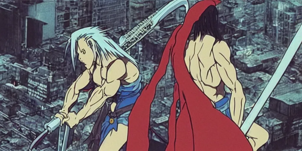 Image similar to “still frame of Sephiroth in 1988 anime film Akira by Katsuhiro Otomo, screenshot, color”