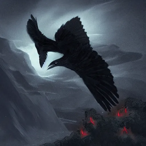 Prompt: detailed digital art, realistic, raven demon flying through the dark night with a mysterious northern blaze, by naomi chen, cgsociety
