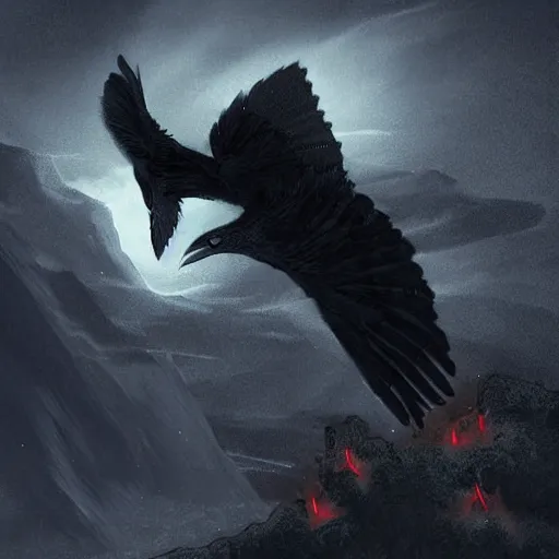 Image similar to detailed digital art, realistic, raven demon flying through the dark night with a mysterious northern blaze, by naomi chen, cgsociety