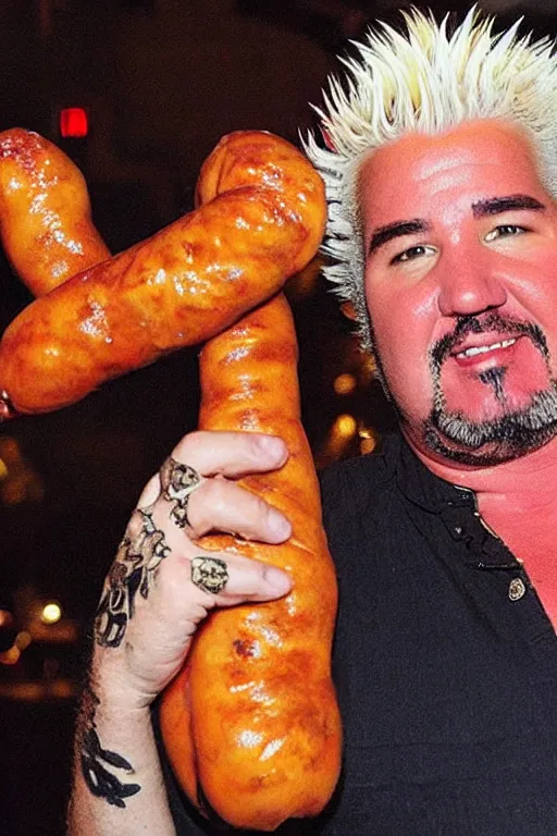 Image similar to beautifully composed, grainy photograph of bemused Guy Fieri holding a huge weiner