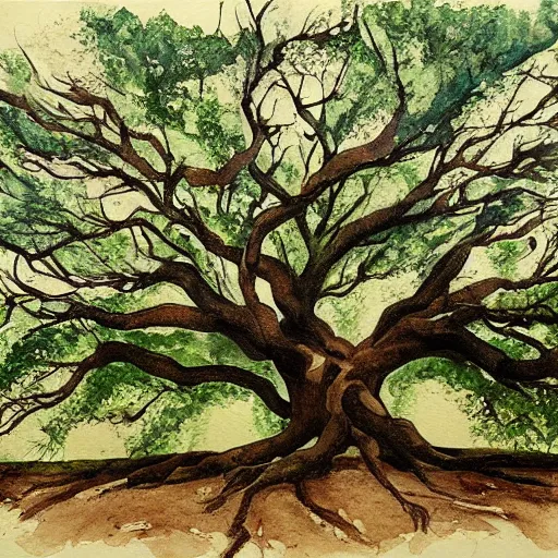 Image similar to an old oak, from root to leaves, trending on artstation, water color on canvas