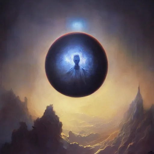 Image similar to beautiful realistic fantasy painting of an orb with a face , by pascal blanche and Frazetta and Beksinski, volumetric lighting, trending on art station, polarizer filter