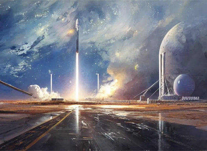 Image similar to SpaceX Big Base, concept art oil painting by Jama Jurabaev and John Berkey, extremely detailed, brush hard, artstation