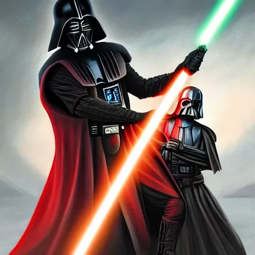 Image similar to darth revan dueling darth vader, artstation hall of fame gallery, editors choice, #1 digital painting of all time, most beautiful image ever created, emotionally evocative, greatest art ever made, lifetime achievement magnum opus masterpiece, the most amazing breathtaking image with the deepest message ever painted, a thing of beauty beyond imagination or words, 4k, highly detailed, cinematic lighting