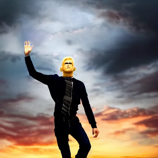 Image similar to A terrifying blue eyed blond pale white god floating with his arms up, his eyes glowing red, casually dressed, his whole body glowing yellow ominously. Shot from below, photorealistic, ominous and apocalyptic dark sky.