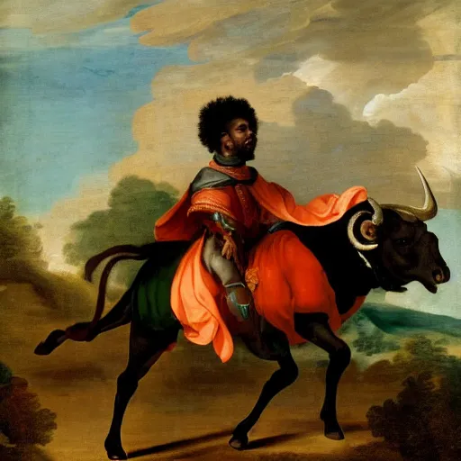 Image similar to photograph of a black man with afro hair wearing an army green cloak, riding!!! an orange colored bull!!!, renaissance style painting