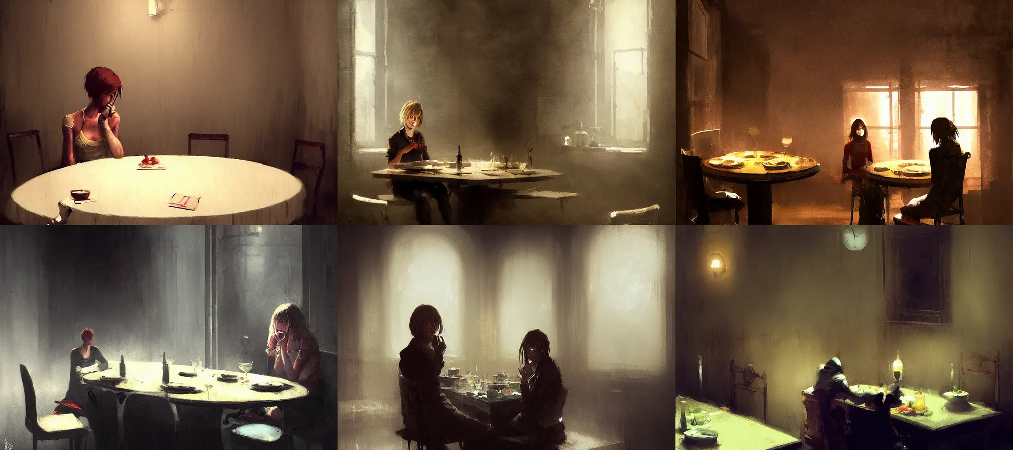 Prompt: roxy silent hill eating dinner at a table in the backrooms happiness is temporary by greg rutkowski