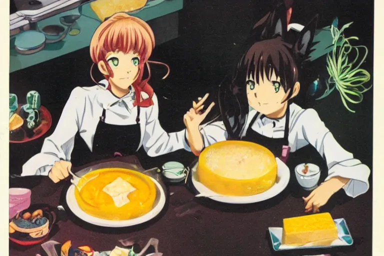 Prompt: anime catgirl and cheese aspic, cookbook photo 1 9 8 2,