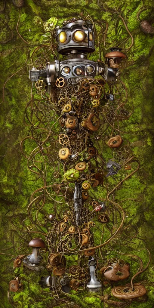 Prompt: a steampunk robot with mushrooms growing out of it's head, intertwined with fungus and vines, overgrown, moss, mycelium, detailed, 4 k, trending in artstation