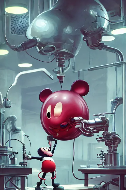 Image similar to mechanics scientist in lab facility looking at bloody mickey mouse head lifted by claw,, made by beeple, cgsociety, artgerm, greg rutkowski, highly detailed intricate 4 k art, low light cinematic, octane render, unreal engine, smooth concept art