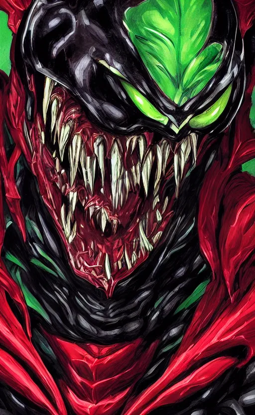 Image similar to portrait of venom as the green goblin, black and red, dynamic lighting, cinematic, ultra detailed, trending on art station, stunning visuals, creative, fantasy concept art