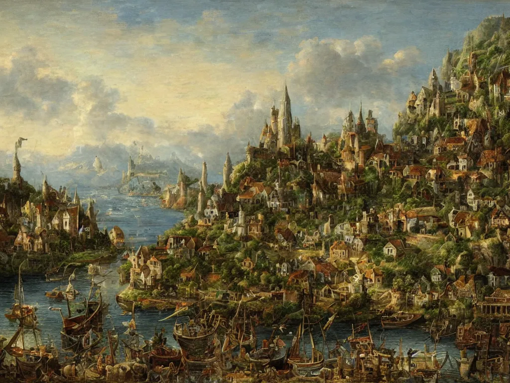 Image similar to a fantasy village, viewed from the harbor, by jean - baptist monge,