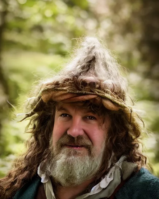 Image similar to photoshoot of peter jackson dressed as tom bombadil, lotr, tolkien, weta workshop style, hyperreal, soft focus, bokeh